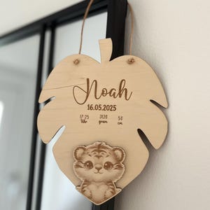 Regalo personalizado para nacimiento Signo de nacimiento con nombre y fechas de nacimiento para bautizo: cartel de madera con motivo animal en 3D que incluye correa de cuero