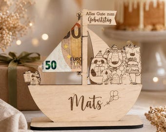 Geldgeschenk Einschulung Kommunion Geburtstag | Holz Schiff personalisiert mit Name und Wunschanlass | Geld verschenken für Kinder
