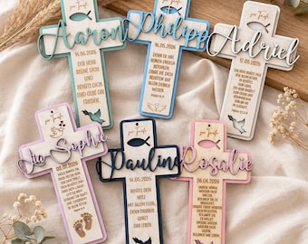 Croix de baptême en bois personnalisée | Cadeau de baptême pour garçons et filles | Nom et date | 6 modèles, plus de 20 couleurs