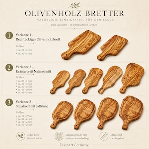 Pode incluir: T&aacute;buas de corte de madeira de oliveira em v&aacute;rias formas e tamanhos. A imagem mostra tr&ecirc;s estilos diferentes: retangulares, em forma de erva e t&aacute;buas de bife com ranhuras para suco. Cada t&aacute;bua apresenta padr&otilde;es de gr&atilde;o de madeira &uacute;nicos. O texto na imagem diz "OLIVENHOLZ BRETTER".