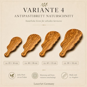 Pode incluir: Quatro t&aacute;buas de antipasto de madeira com bordas naturais, variando de aproximadamente 35 x 16 cm a 50 x 24 cm. Cada t&aacute;bua tem um padr&atilde;o de gr&atilde;o de madeira &uacute;nico e &eacute; projetada para servir com estilo. O texto "LaserArt Germany" est&aacute; na parte inferior.