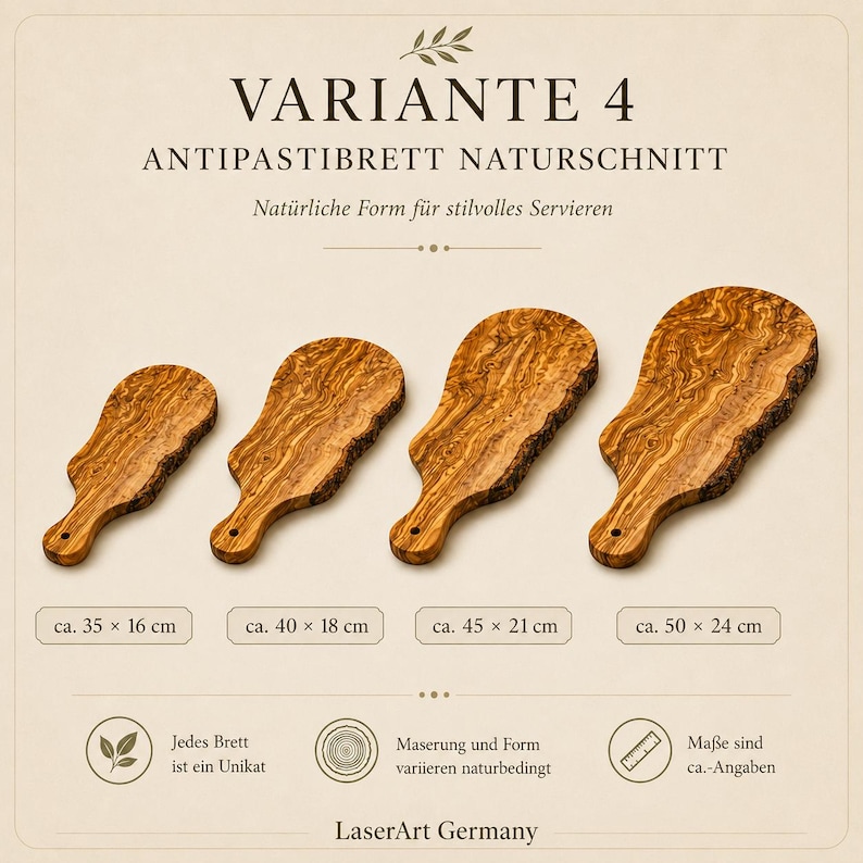 Pode incluir: Quatro t&aacute;buas de antipasto de madeira com bordas naturais, variando de aproximadamente 35 x 16 cm a 50 x 24 cm. Cada t&aacute;bua tem um padr&atilde;o de gr&atilde;o de madeira &uacute;nico e &eacute; projetada para servir com estilo. O texto "LaserArt Germany" est&aacute; na parte inferior.