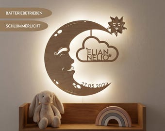 Personalized baby night light with name | Wooden night light for children's room | Battery-operated LED wall lamp | Moon