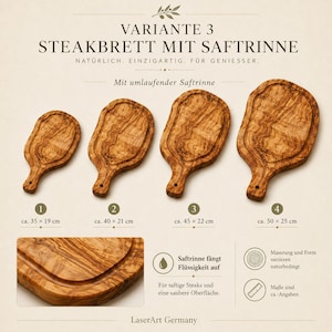 Pode incluir: Quatro t&aacute;buas de bife de madeira com ranhura para suco, cada uma com uma al&ccedil;a. As t&aacute;buas variam em tamanho, a maior medindo aproximadamente 50 cm por 25 cm. O texto na imagem diz "STEAKBRETT MIT SAFTRINNE".