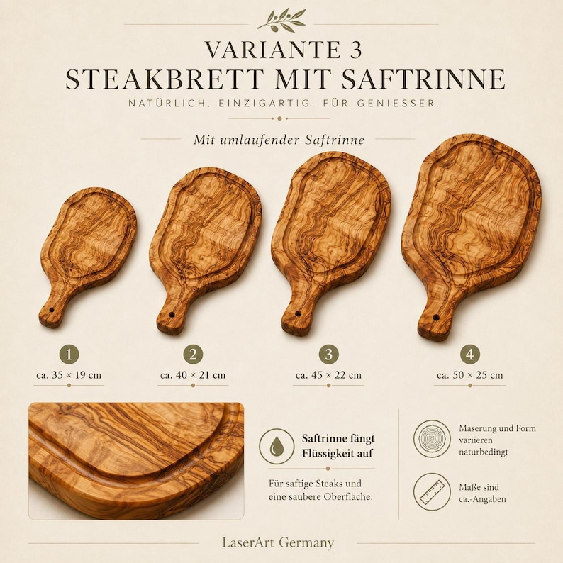 Pode incluir: Quatro t&aacute;buas de bife de madeira com ranhura para suco, cada uma com uma al&ccedil;a. As t&aacute;buas variam em tamanho, a maior medindo aproximadamente 50 cm por 25 cm. O texto na imagem diz "STEAKBRETT MIT SAFTRINNE".