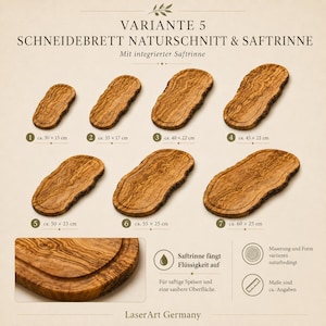 Pode incluir: T&aacute;bua de corte de madeira com bordas naturais e ranhura para suco, em v&aacute;rios tamanhos. As dimens&otilde;es, em cent&iacute;metros, variam de aproximadamente 30 x 15 cm a 60 x 25 cm. O texto "SCHNEIDEBRETT NATURSCHNITT & SAFTRINNE" est&aacute; presente na imagem.