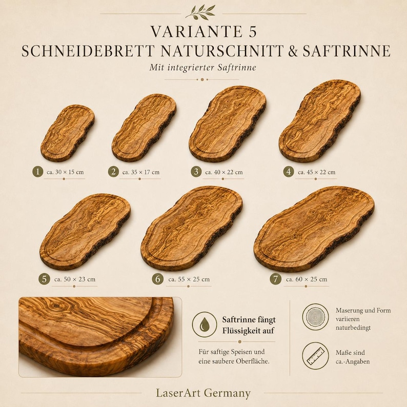 Pode incluir: T&aacute;bua de corte de madeira com bordas naturais e ranhura para suco, em v&aacute;rios tamanhos. As dimens&otilde;es, em cent&iacute;metros, variam de aproximadamente 30 x 15 cm a 60 x 25 cm. O texto "SCHNEIDEBRETT NATURSCHNITT & SAFTRINNE" est&aacute; presente na imagem.