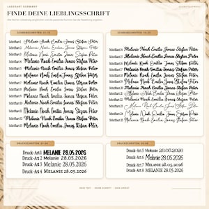 Könnte beinhalten: Ein beiger Hintergrund zeigt eine Auswahl von 18 einzigartigen Schriftarten für personalisierte Gravuren. Jede Schriftart wird mit den Namen Melanie, Noah, Emilia, Jonas, Sarah, Jasmin, Peter und Stefan demonstriert. Der Text "Schriftarten zur Auswahl" steht oben.