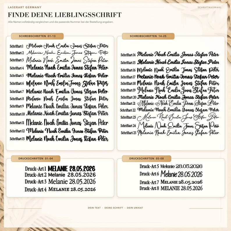 Könnte beinhalten: Ein beiger Hintergrund zeigt eine Auswahl von 18 einzigartigen Schriftarten für personalisierte Gravuren. Jede Schriftart wird mit den Namen Melanie, Noah, Emilia, Jonas, Sarah, Jasmin, Peter und Stefan demonstriert. Der Text "Schriftarten zur Auswahl" steht oben.