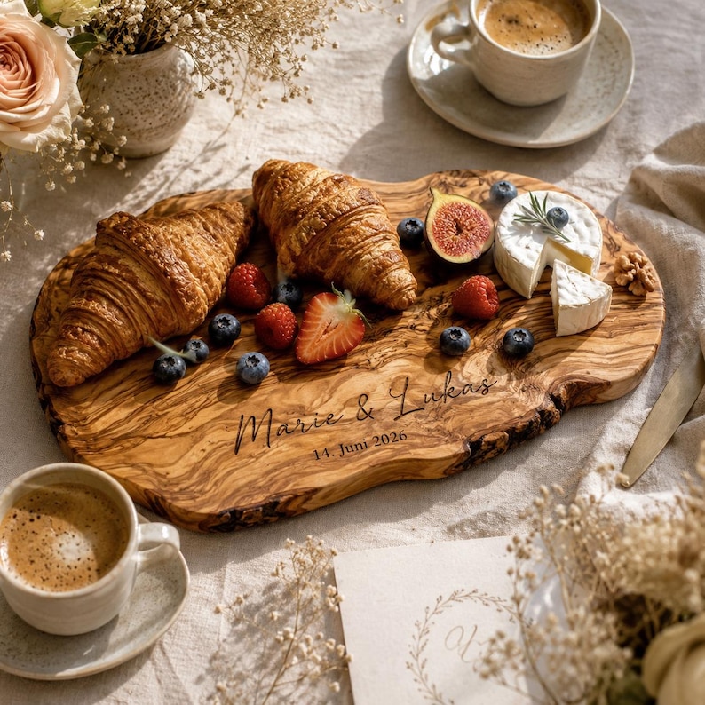 Pode incluir: Uma t&aacute;bua de servir de madeira com croissants, frutos silvestres, queijo e um figo. A t&aacute;bua est&aacute; gravada com os nomes "Marie & Lukas" e a data "14. Juni 2026". Tamb&eacute;m est&atilde;o presentes duas ch&aacute;venas de caf&eacute;.