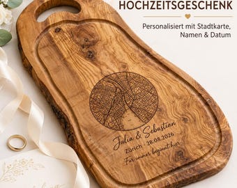 Placa personalizada em madeira de oliveira com mapa da cidade, presente de casamento | Nomes dos noivos, local e data | Mapa gravado, peça única em madeira de oliveira