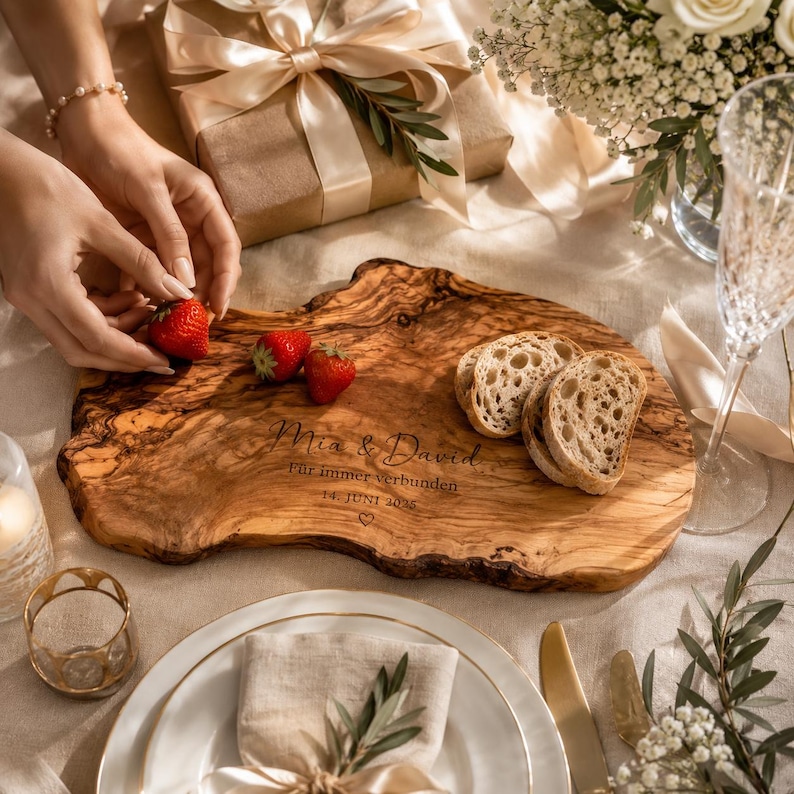 Pode incluir: T&aacute;bua de servir de madeira com os nomes gravados "Mia & David" e a data "14. JUNI 2025". Apresenta p&atilde;o fatiado e morangos frescos. A mesa est&aacute; decorada com uma caixa de presente, flores e uma ta&ccedil;a de champanhe.