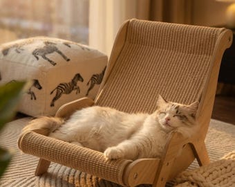 Wooden Cat Scratcher Chair, Sisal Pet Lounge Bed