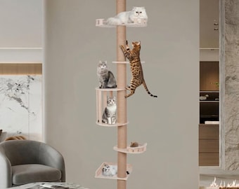 Modern Wood Cat Tree Tower, Sisal Scratching Post, Multi-Level Condo