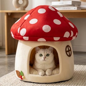 Mushroom Cat Bed, Plush Cozy Cave House, Whimsical Pet Den
