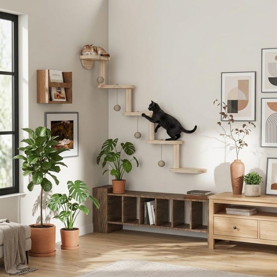 Modular Wood Cat Tree, Multi-Level Climbing Furniture, Modern Wall-Mounted Cat Shelves