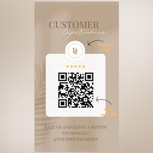 Op de afbeelding: Een digitaal sjabloon voor een klantenbeoordelingskaart met de tekst PREMADE REVIEW CARTS, CUSTOMER Experiences en RATE US AND LEAVE A REVIEW ON GOOGLE. Het bevat een tijdelijke aanduiding voor een logo, een QR-code, vijf sterren en social media.