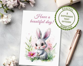 Tarjeta de cumpleaños de conejito (12,7 x 18,8 cm) / Saludo animal en acuarela (Descarga digital)