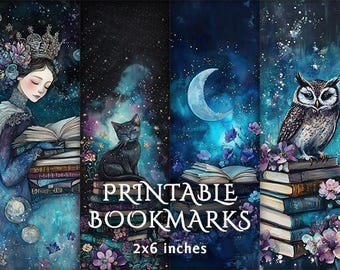 Marcapáginas imprimibles místicos: Noche estrellada, Búho, Gato (Descarga instantánea)