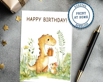 Tarjeta de regalo de cumpleaños de dinosaurio en acuarela: imprimible (descarga digital)