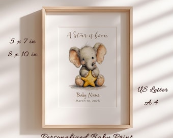 Lámina personalizada de elefante bebé – Arte infantil en acuarela (Descarga digital)