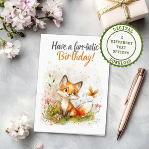 Carte d'anniversaire renard imprimable 15 x 7 pouces | de voeux d'animal des bois | Téléchargement numérique mignon