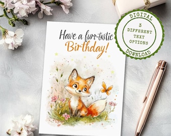Tarjeta de cumpleaños de zorro: Animal del bosque en acuarela (descarga digital)