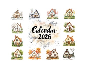 Calendario de pared 2026: Arte de cabañas acogedoras, ilustraciones de hogares encantadores para un año cálido por delante.
