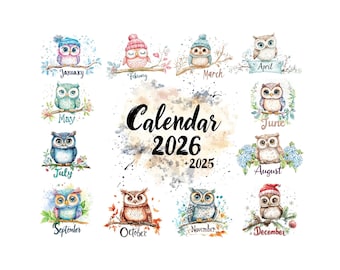 Calendario imprimible de acuarela de búhos 2026: Arte mural mensual / Más 2025 / (Descarga digital)