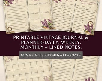 Planificador diario vintage lila: diario, semanal y mensual (descarga digital)