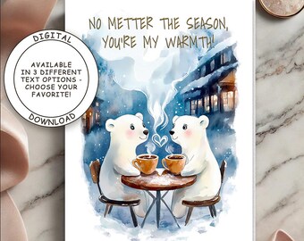 Tarjeta de felicitación de oso polar en acuarela: Cumpleaños de invierno, San Valentín (descarga digital)