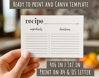 Plantilla de Canva para tarjetas de recetas editables / Tarjetas de recetas imprimibles de 4x6 y 5x7 / Descarga instantánea