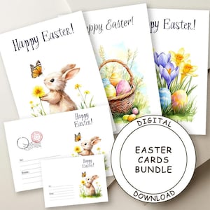Conjunto de cartões de Páscoa para impressão - 3 cartões de Páscoa digitais - Cartão de felicitações dobrável 13 x 18 cm, cartão postal e etiqueta de presente - Coelho de Páscoa e ovos em aquarela.