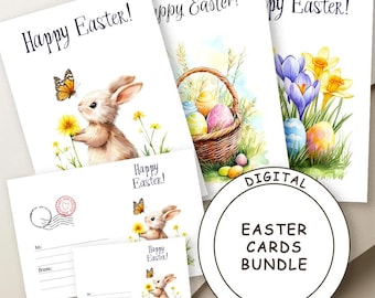 Tarjetas de Pascua en acuarela: Conejito, huevos y flores (Descarga digital)
