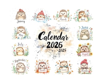 Calendario imprimible de erizos 2026: Planificador mensual de pared (descarga digital)