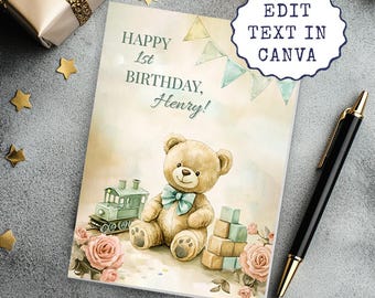 Tarjeta de cumpleaños de osito de peluche: Bebé niño en acuarela, 13x18 cm (plantilla Canva + PDF/PNG/JPEG)