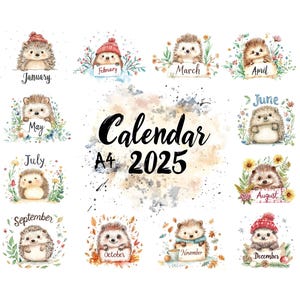 Calendario imprimible 2025 con lindos erizos / Planificador mensual de pared / Descarga digital / Calendario con temática de animales para el hogar y la oficina