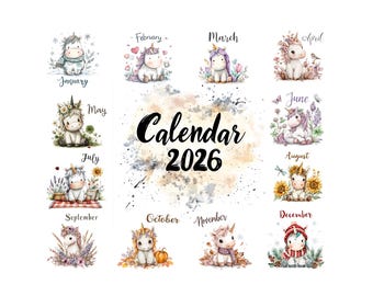 Calendario Unicornio 2026 imprimible, planificador mensual (descarga digital)