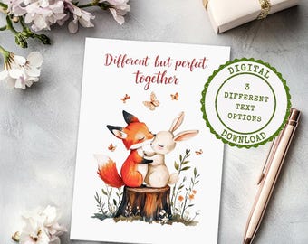 Tarjeta de felicitación de zorro y conejo: San Valentín, cumpleaños y aniversario (descarga digital)