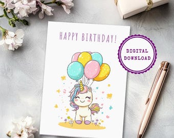 Tarjeta de cumpleaños de unicornio kawaii: saludo infantil imprimible (13 x 18 cm) (descarga digital)
