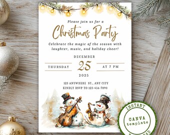 Plantilla Canva para invitación a fiesta navideña / Muñecos de nieve músicos / Imprimible y digital / Descarga instantánea