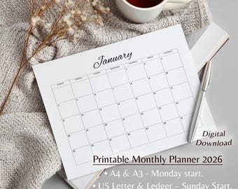 Calendario minimalista 2026 imprimible: tamaños A4, A3, Carta (EE. UU.) y Ledger (descarga digital)