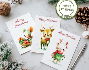 Tarjetas navideñas de animales en acuarela (12,7 x 18,8 cm, 10,1 x 15,2 cm) / Juego de tarjetas navideñas imprimibles (descarga digital)