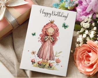 Tarjeta de cumpleaños de princesa en acuarela (13x18 cm, imprimible) (descarga digital)