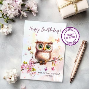 Cartão de aniversário de coruja para impressão 13x18 cm | Arte de animais da floresta | Cartão digital para crianças ou amantes da natureza