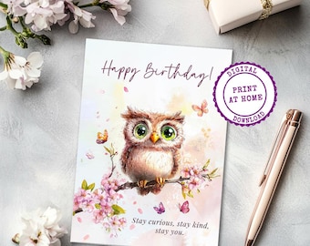 Tarjeta de cumpleaños de búho imprimible: Arte de animales del bosque (descarga digital)