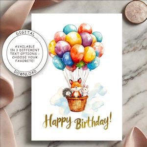 Cartão de felicitações imprimível de 5x7 polegadas | Download digital | Cartões de balões de animais em aquarela | Cartões de aniversário, amizade e inspiração