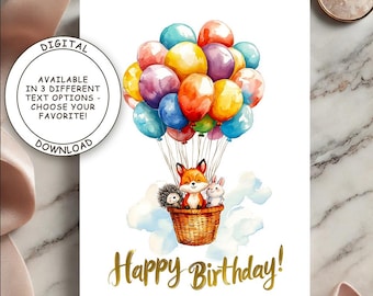 Tarjeta de cumpleaños con globo de animales en acuarela (descarga digital)