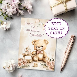 Carte d'anniversaire modifiable | Carte imprimable pliable 5 x 7 pour bébé fille | Modèle Canva + Prêt-à-imprimer | Tea Party Thème chambre d'enfant
