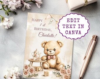 Tarjeta de cumpleaños de osito de peluche: Fiesta de té para niña (plantilla de Canva, imprimible, 5x7)